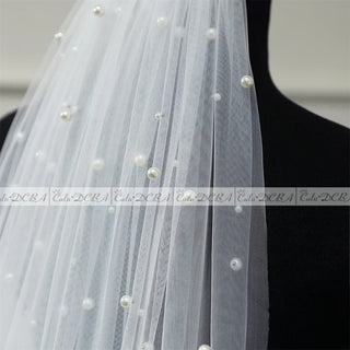 Pearls White Ivory Long Bridal Veil With Comb